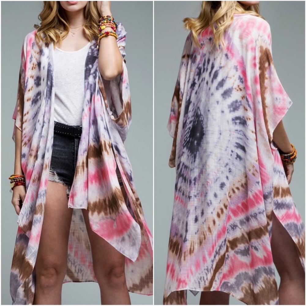 035 Boho Tie Dye Kimono beach Cover up - Picture 13 of 15